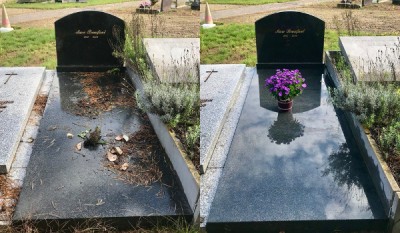Avant/après d'une tombe entretenue et fleurie